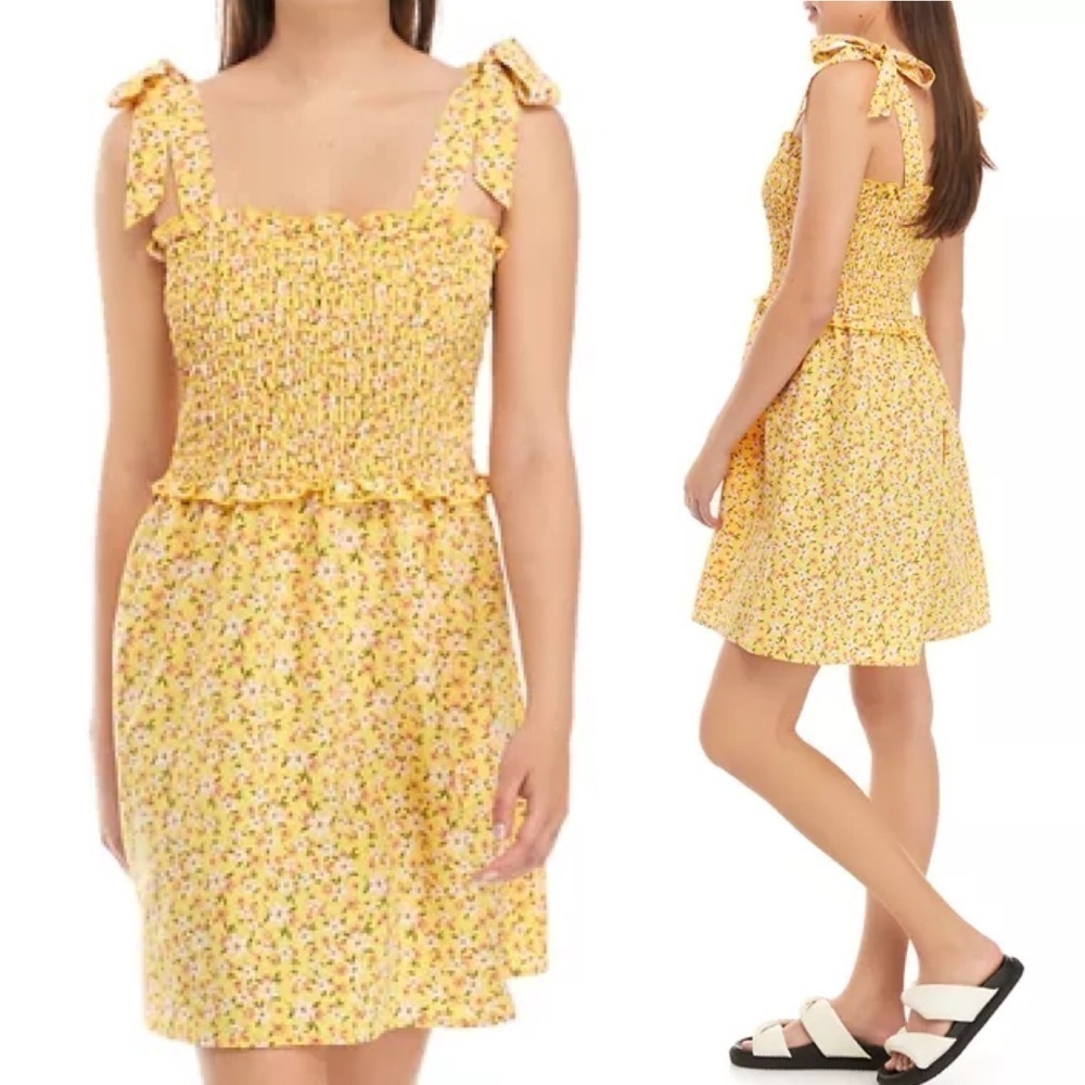 AS U WISH‎ Juniors' Sleeveless Tie Strap Sleeveless Smocked Floral Swing Dress S